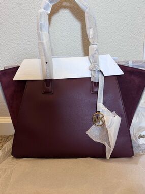 Michael Kors Burgundy Leather and Suede Tote with Gold MK Charm